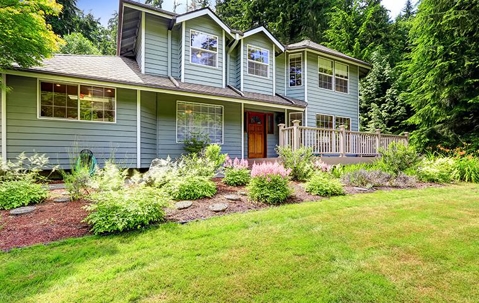 Nice house surrounded by trees, bushes, and a large lawn.